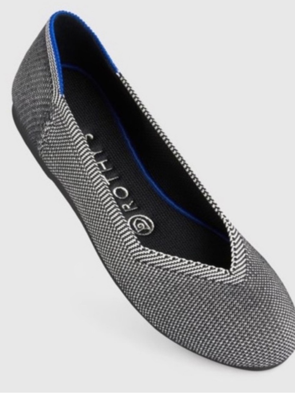Rothy's Black & White Knit Ballet Flat with Blue Trim